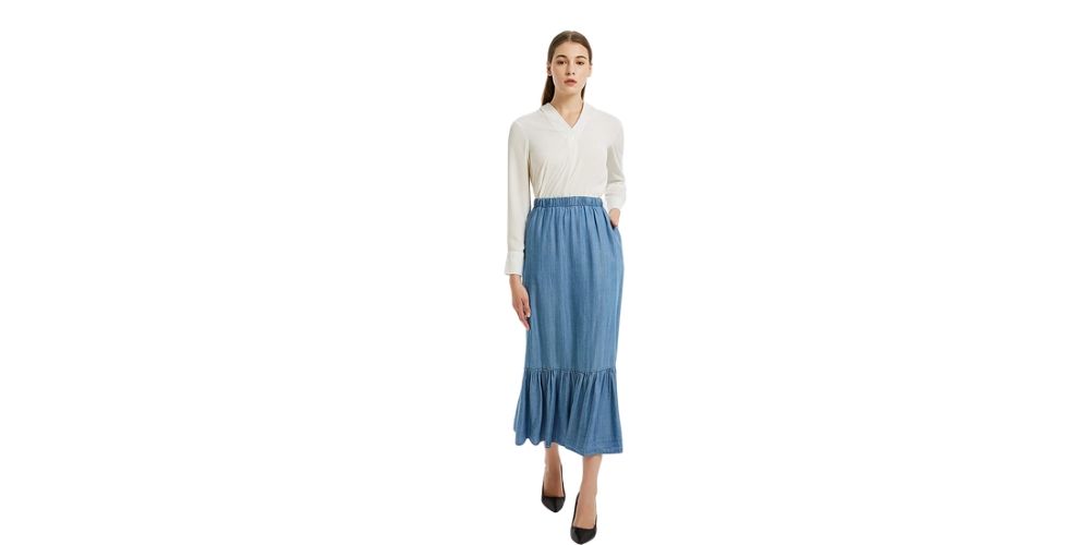 Denim Midi Skirt With Ruffles