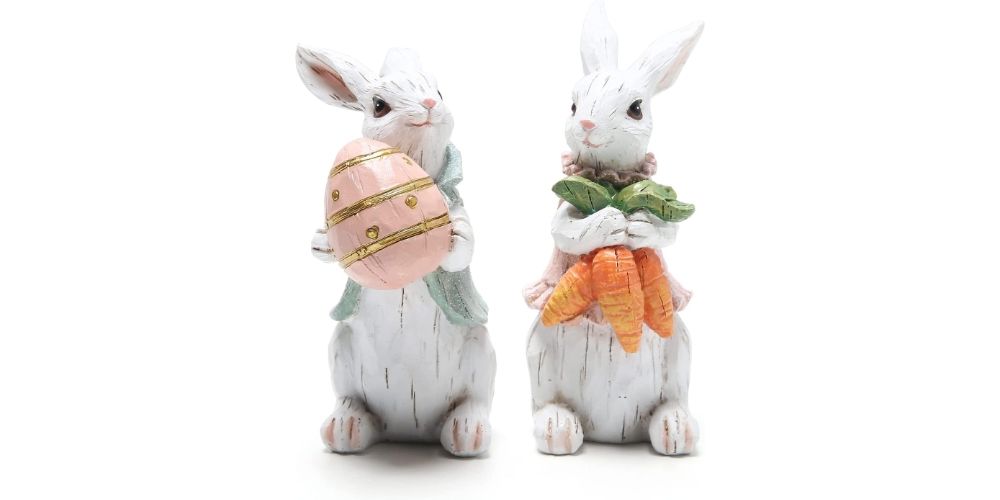 Easter Bunny Figurine Holding Carrots and Eggs