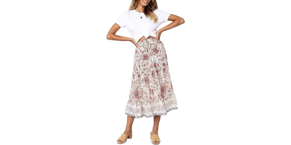 Pleated Boho Floral Print Long Skirt
