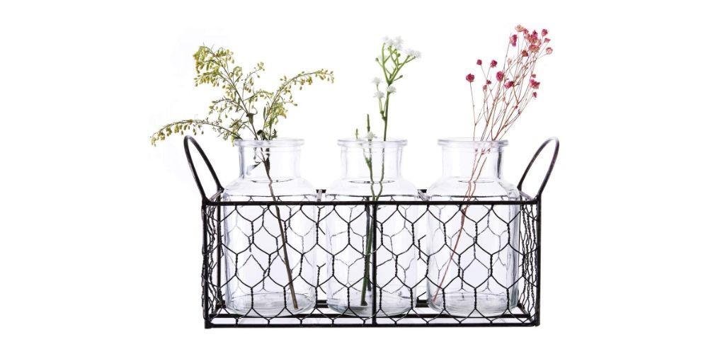 Glass Milk Bottle Vases in Basket