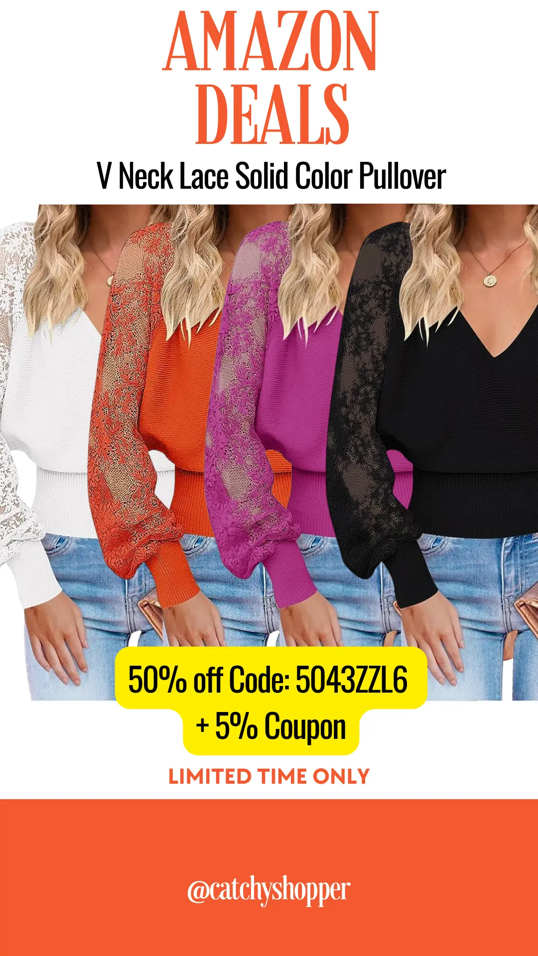 V Neck Lace Solid Color Pullover