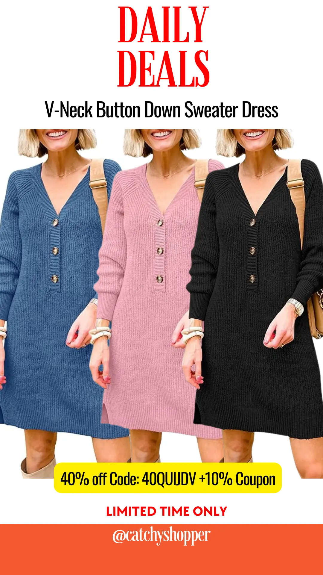 V-Neck Button-Down Sweater Dress