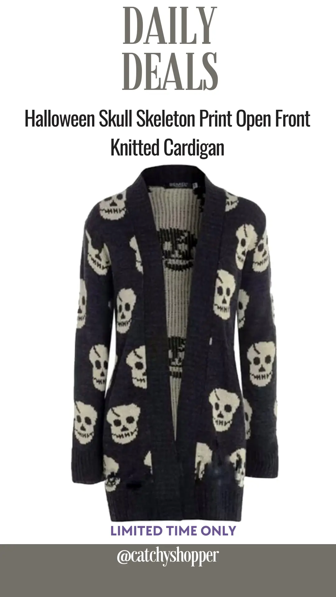 Halloween Skull Skeleton Print Open Front Knitted Cardigan