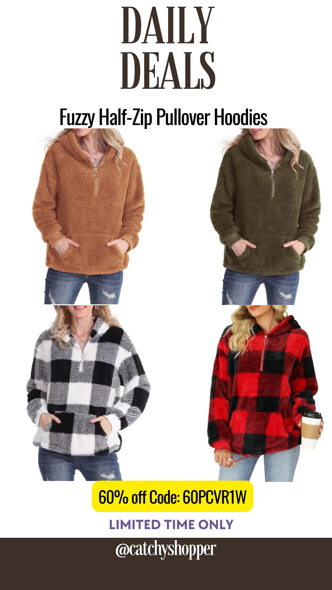 Fuzzy Half-Zip Pullover Hoodies 