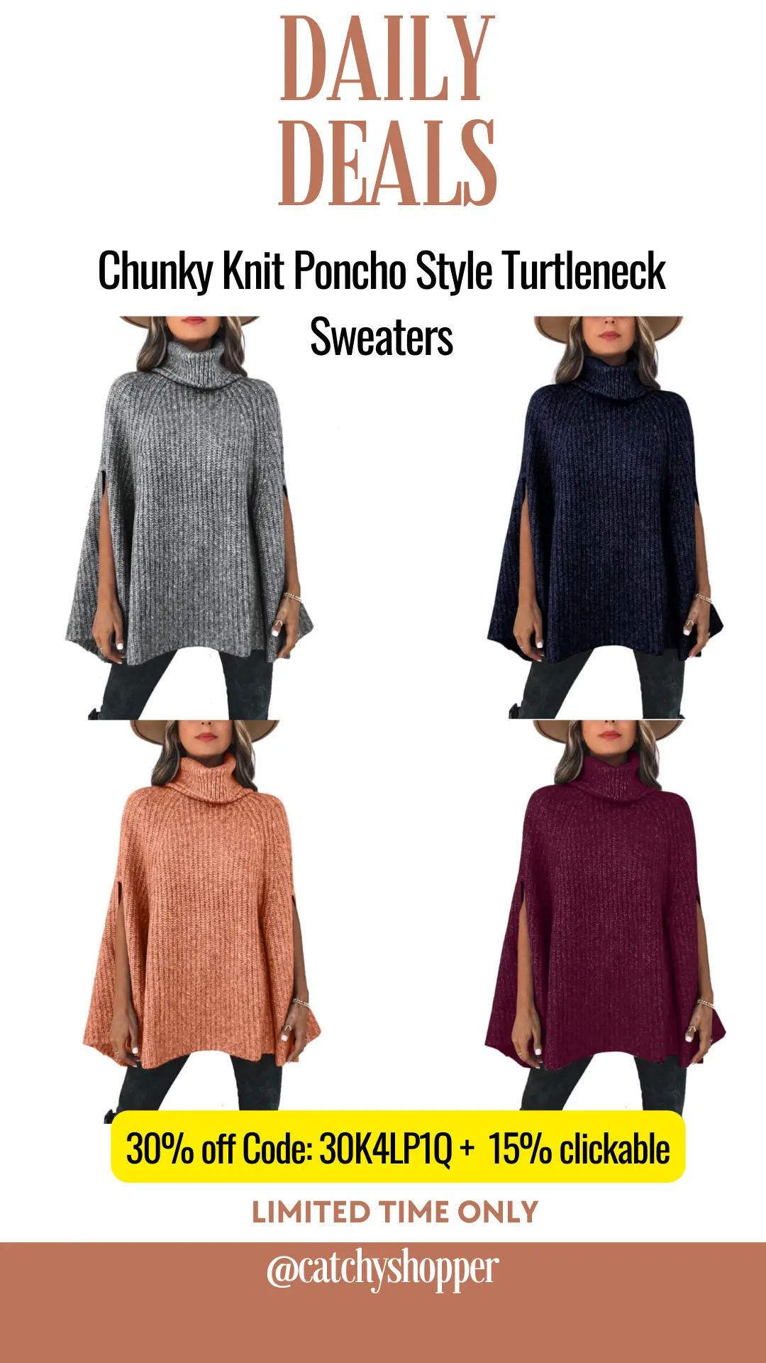 Chunky Knit Poncho Style Turtleneck Sweaters
