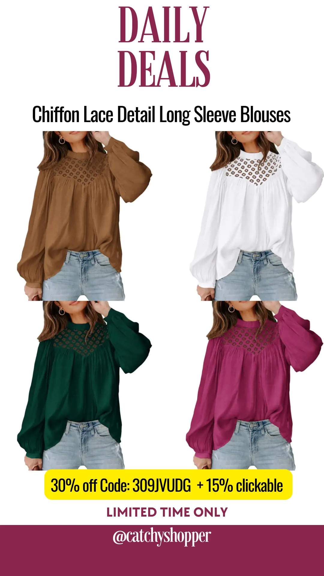 Chiffon Lace Detail Long Sleeve Blouses